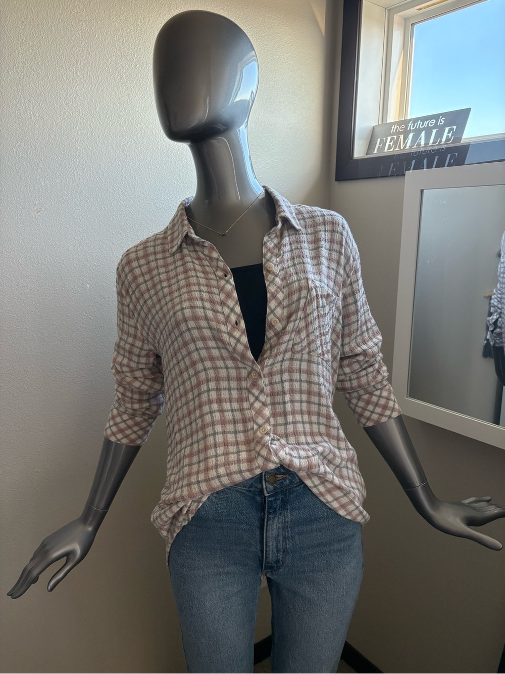 Rails Light Pink, Gray & Cream Plaid Button-Down Shirt